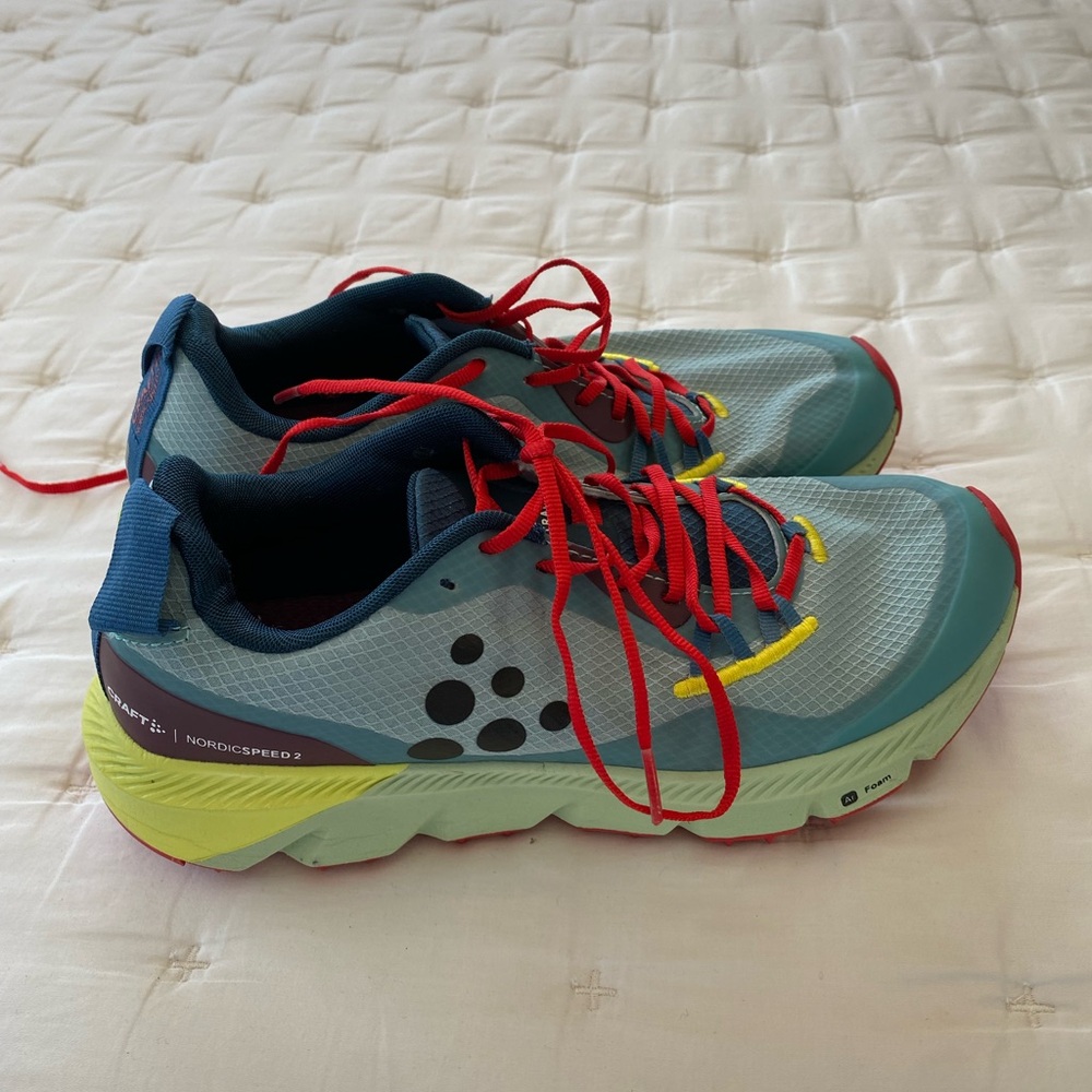 Craft Light Blue Trail Sneakers with Red Laces and Yellow Accents